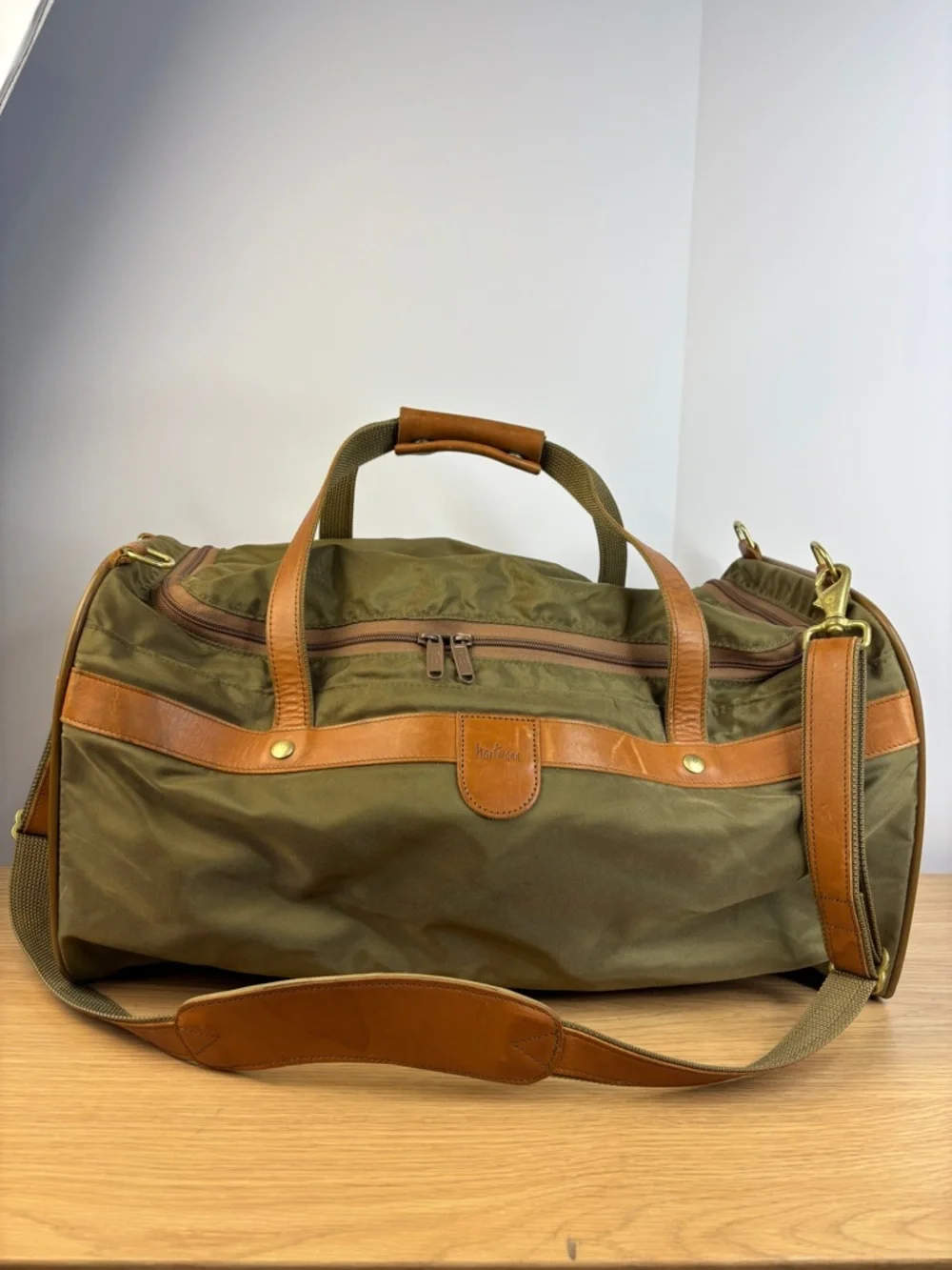 Vintage Hartmann Weekender Duffle Durable Olive Green Ballistic Nylon w/Leather